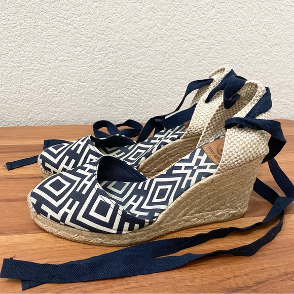 TORY BURCH Blue Printed Canvas D'Orsay Pumps Espadrille Sandals Size 40 - Picture 6 of 15